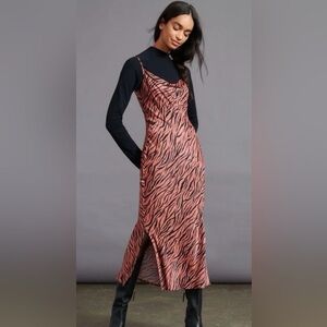 Anthropologie Elyse Tiger Stripes Printed Bias Satin Midi Slip Dress